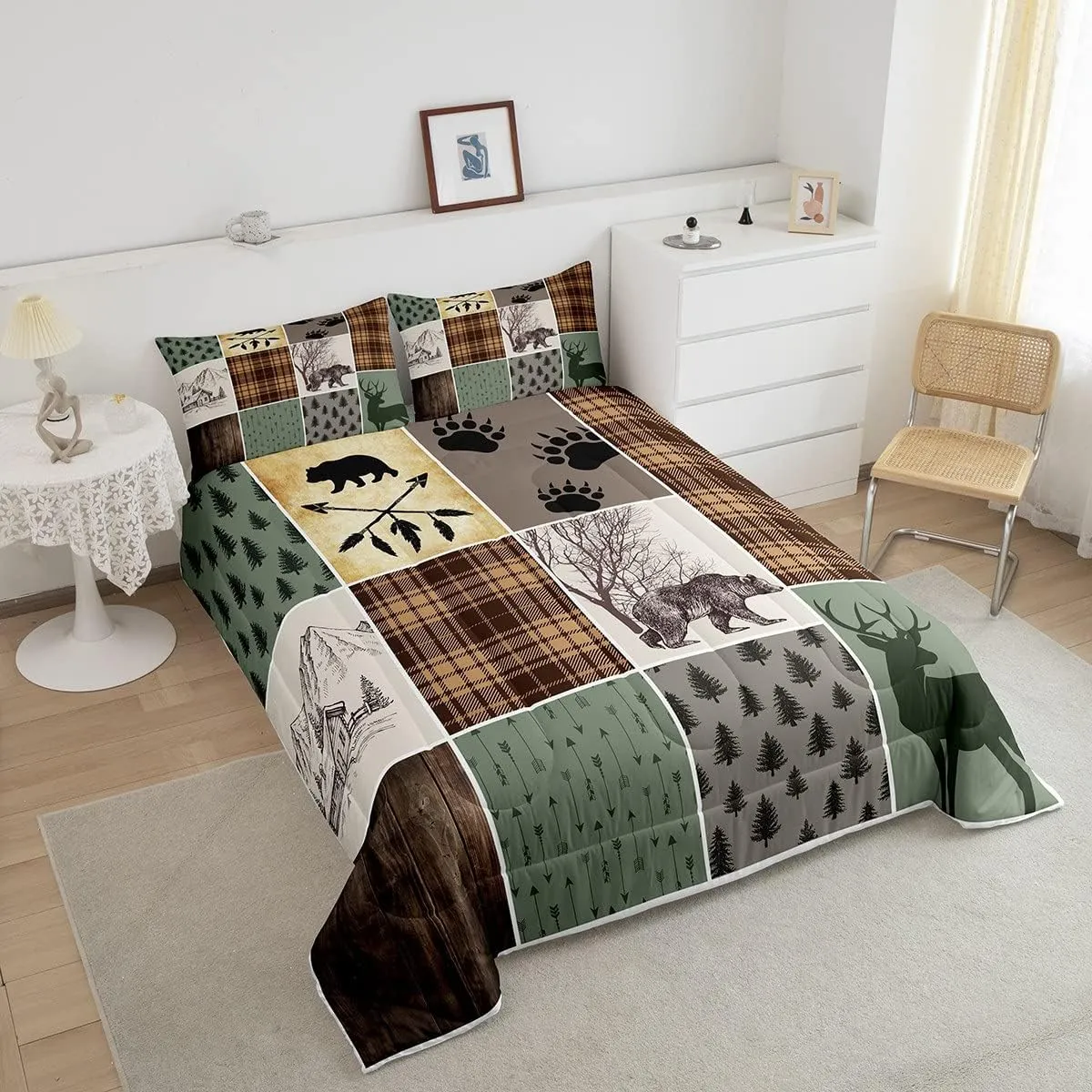 Erosebridal Cabin Rustic Lodge Bedding Set, Hunting Bear Deer Comforter Set Twin for Kids Boys Teens Adult Men Bedroom,Christmas Country Wild Animal Decor Retro Farmhouse Patchwork Quilt
