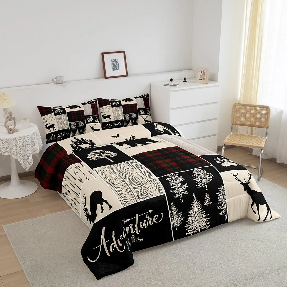 Erosebridal Christmas Retro Cabin Bedding Set Rustic Lodge Patchwork Comforter Set Hunting Bear Deer Wildlife Quilt for Kids Teens Adult Men,Farmhouse Western Country Duvet Sets, 1 Pillow Case, Twin