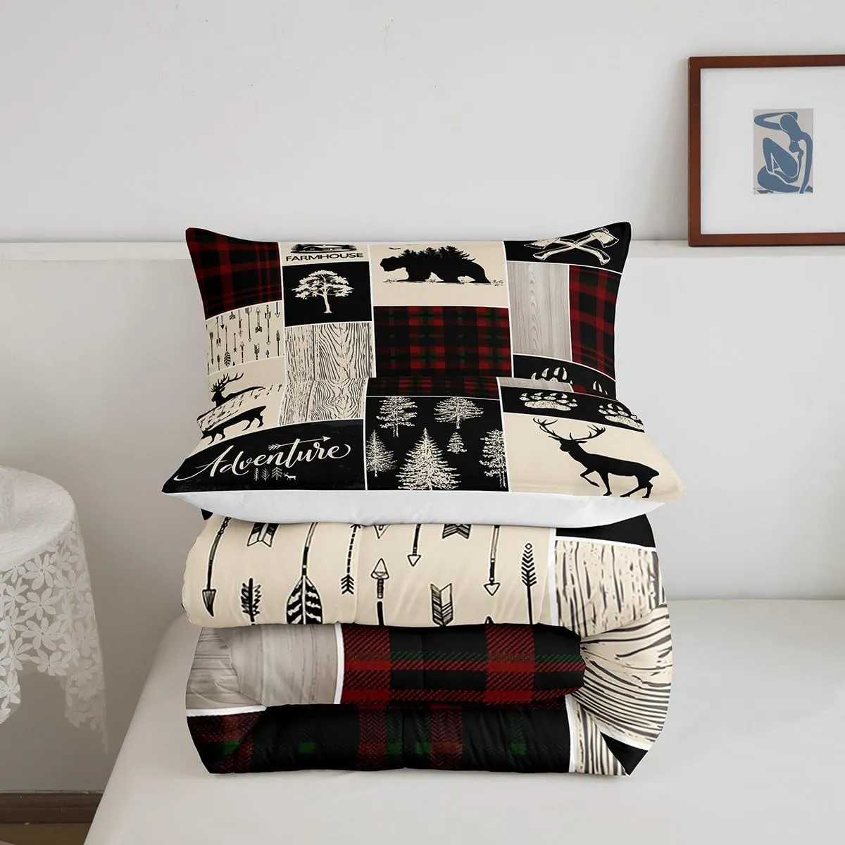 Erosebridal Christmas Retro Cabin Bedding Set Rustic Lodge Patchwork Comforter Set Hunting Bear Deer Wildlife Quilt for Kids Teens Adult Men,Farmhouse Western Country Duvet Sets, 1 Pillow Case, Twin