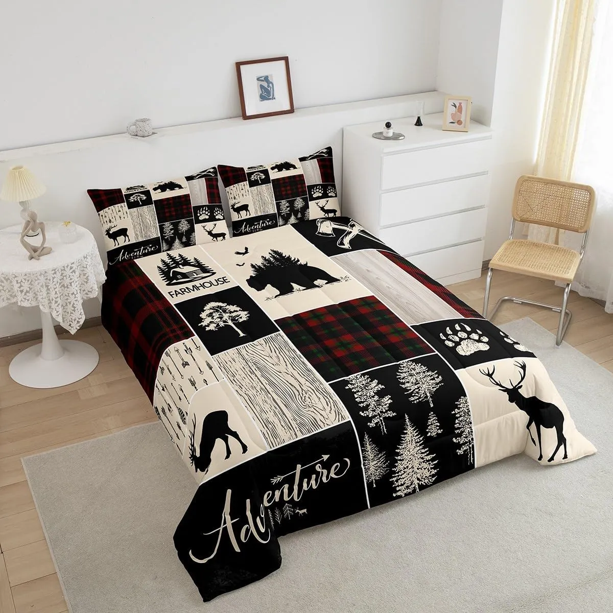 Erosebridal Christmas Retro Cabin Bedding Set Rustic Lodge Patchwork Comforter Set Hunting Bear Deer Wildlife Quilt for Kids Teens Adult Men,Farmhouse Western Country Duvet Sets, 1 Pillow Case, Twin