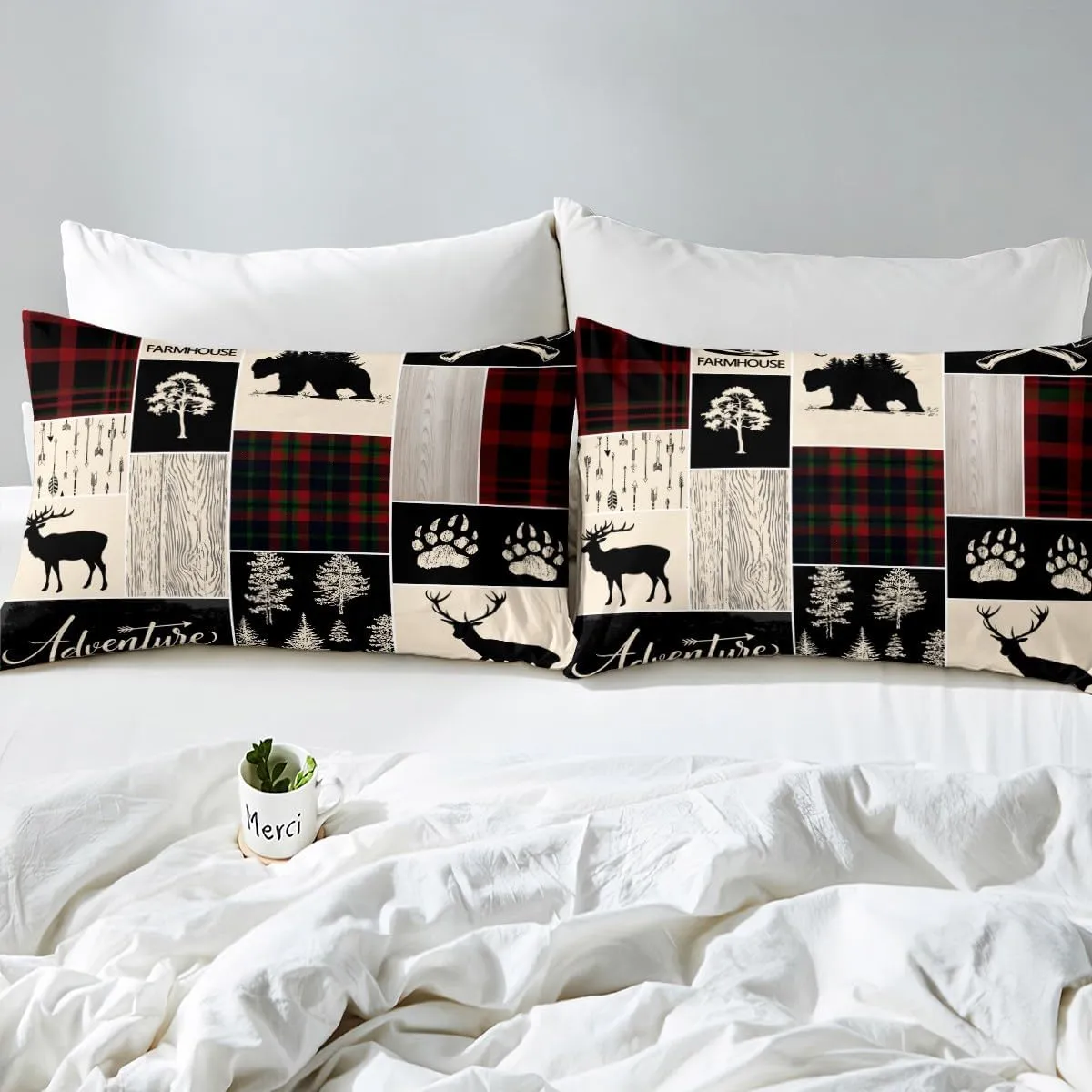 Erosebridal Christmas Retro Cabin Bedding Set Rustic Lodge Patchwork Comforter Set Hunting Bear Deer Wildlife Quilt for Kids Teens Adult Men,Farmhouse Western Country Duvet Sets, 1 Pillow Case, Twin