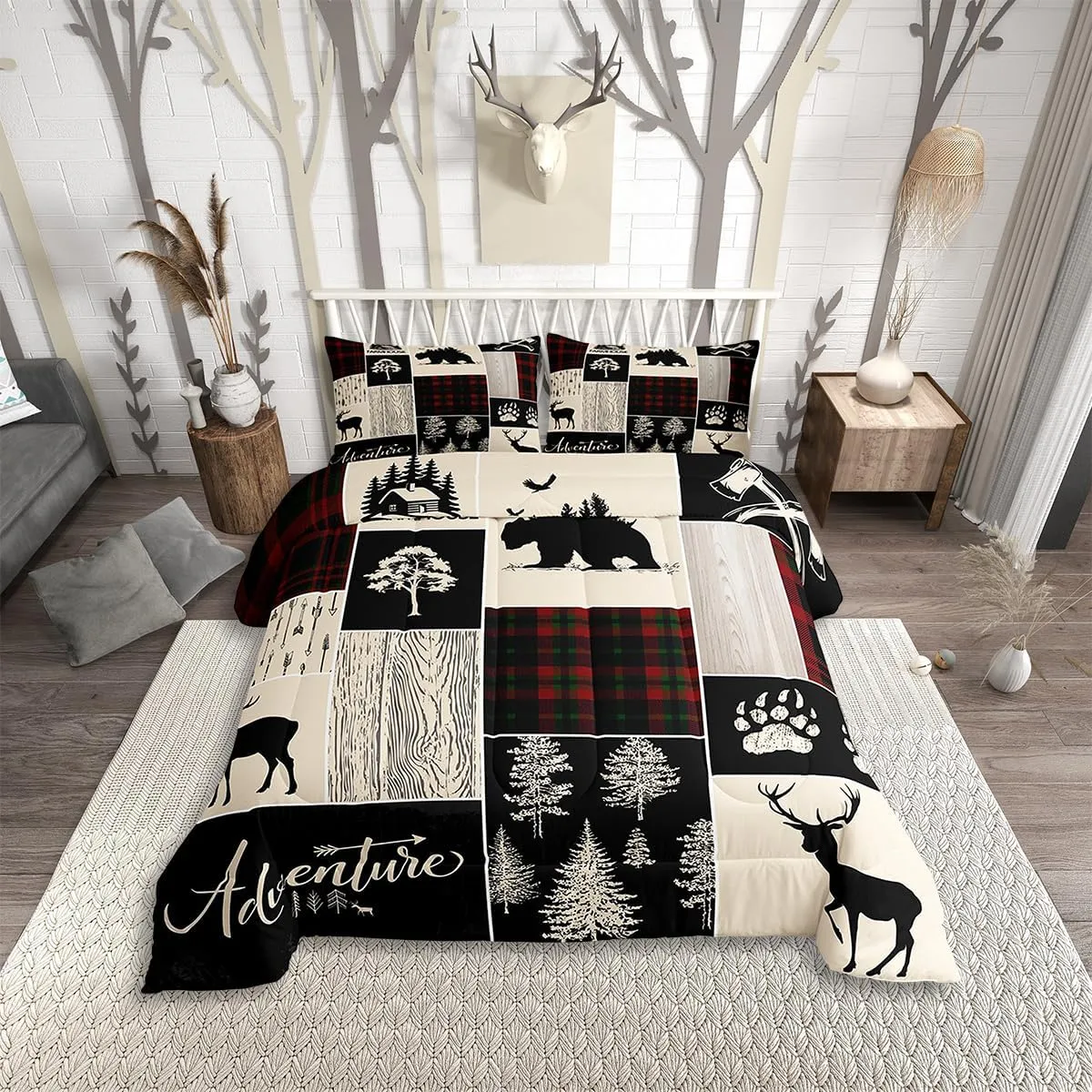Erosebridal Christmas Retro Cabin Bedding Set Rustic Lodge Patchwork Comforter Set Hunting Bear Deer Wildlife Quilt for Kids Teens Adult Men,Farmhouse Western Country Duvet Sets, 1 Pillow Case, Twin