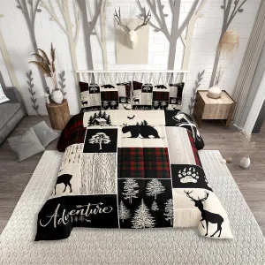 Erosebridal Christmas Retro Cabin Bedding Set Rustic Lodge Patchwork Comforter Set Hunting Bear Deer Wildlife Quilt for Kids Teens Adult Men,Farmhouse Western Country Duvet Sets, 1 Pillow Case, Twin