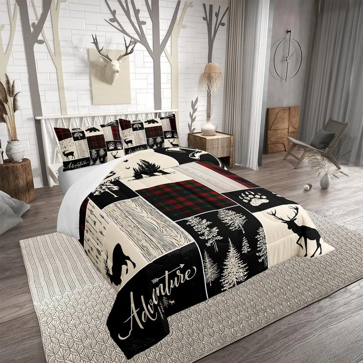 Erosebridal Christmas Retro Cabin Bedding Set Rustic Lodge Patchwork Comforter Set Hunting Bear Deer Wildlife Quilt for Kids Teens Adult Men,Farmhouse Western Country Duvet Sets, 1 Pillow Case, Twin
