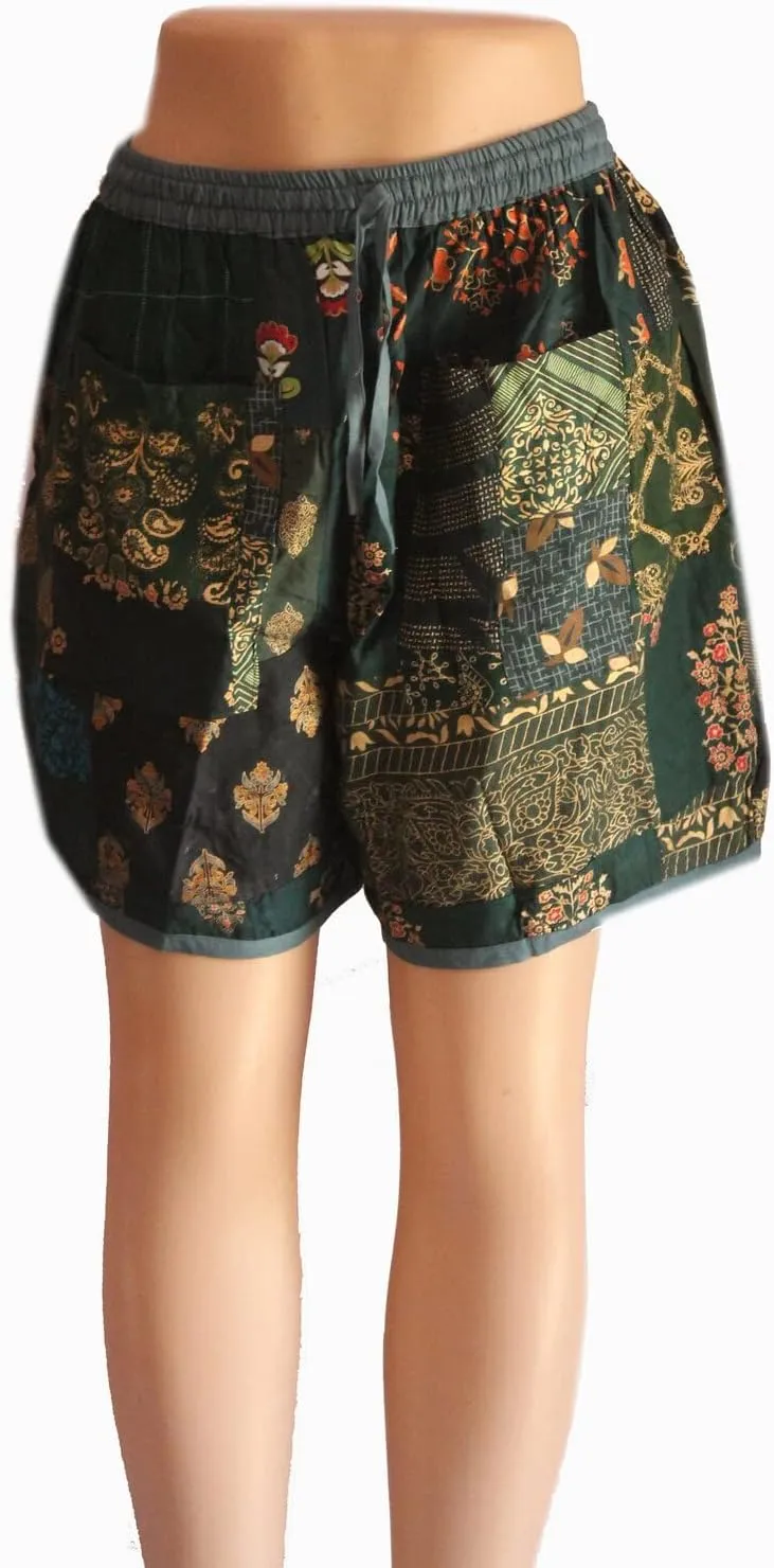 Ethinic Craft Hub Unisex Boho Bohemian Hippie Rayon Patchwork Festival Shorts One Size Elasticated Waist Comfy Shorts