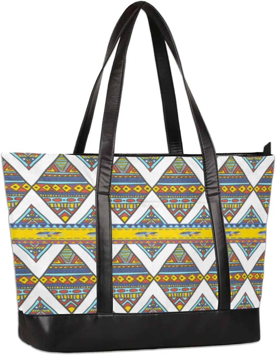 Ethnic Tribe Geometric Laptop Tote Bag for Women 15.6 Inch Lightweight Computer Shoulder Purse Bag with Compartment for Work Travel Laptop Organizer Handbag