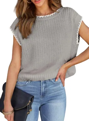 EVALESS Womens Cap Sleeve Sweater Vest Crewneck Short Sleeve Sweaters 2025 Spring Summer Trendy Casual Knit Tops