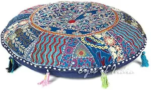 Eyes of India Round Floor Seating Meditation Patchwork Pillow Cushion Cover Colourful Decorative Throw Indian Bohemian Accent Boho Chic Handmade Cover Only (Dark Blue, 28" x 28")
