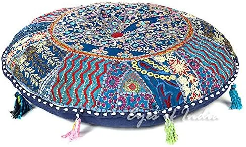 Eyes of India Round Floor Seating Meditation Patchwork Pillow Cushion Cover Colourful Decorative Throw Indian Bohemian Accent Boho Chic Handmade Cover Only (Dark Blue, 28" x 28")