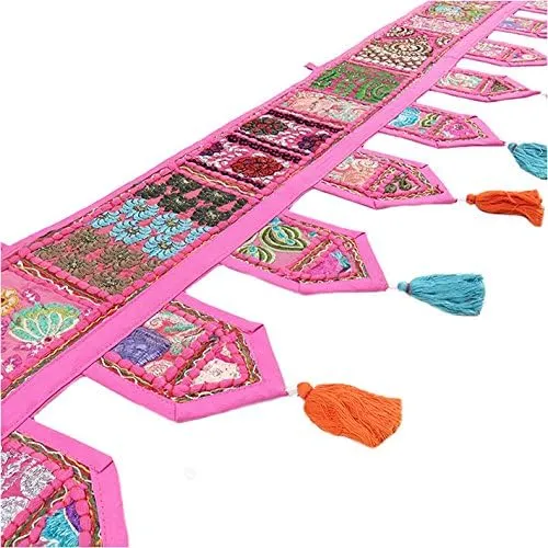 Eyes of India Window Door Valance Toran Patchwork Wall Hanging Bohemian Accent Indian Boho Chic Decorative Handmade Bedroom Living Room (Pink, 14" x 78" Inch)