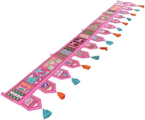 Eyes of India Window Door Valance Toran Patchwork Wall Hanging Bohemian Accent Indian Boho Chic Decorative Handmade Bedroom Living Room (Pink, 14" x 78" Inch)