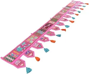 Eyes of India Window Door Valance Toran Patchwork Wall Hanging Bohemian Accent Indian Boho Chic Decorative Handmade Bedroom Living Room (Pink, 14" x 78" Inch)