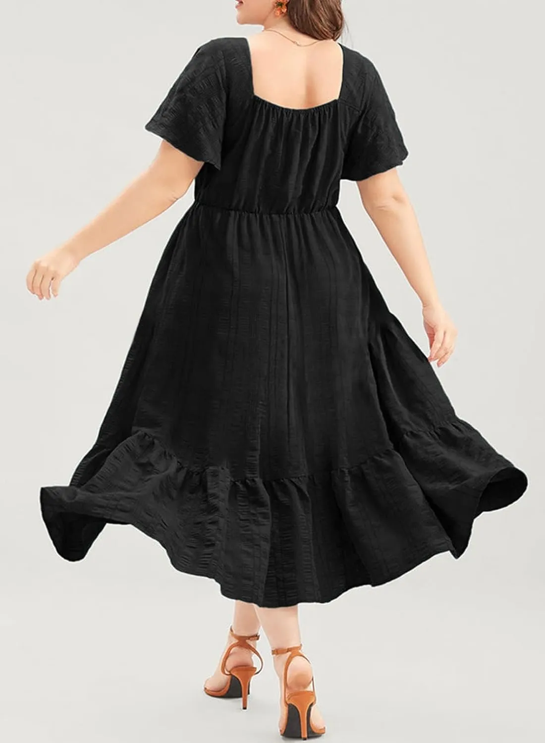 Eytino Womens Plus Size Summer Dress Short Sleeve Sweetheart Neck Ruffle Tiered Maxi Long Dresses(1X-5X)