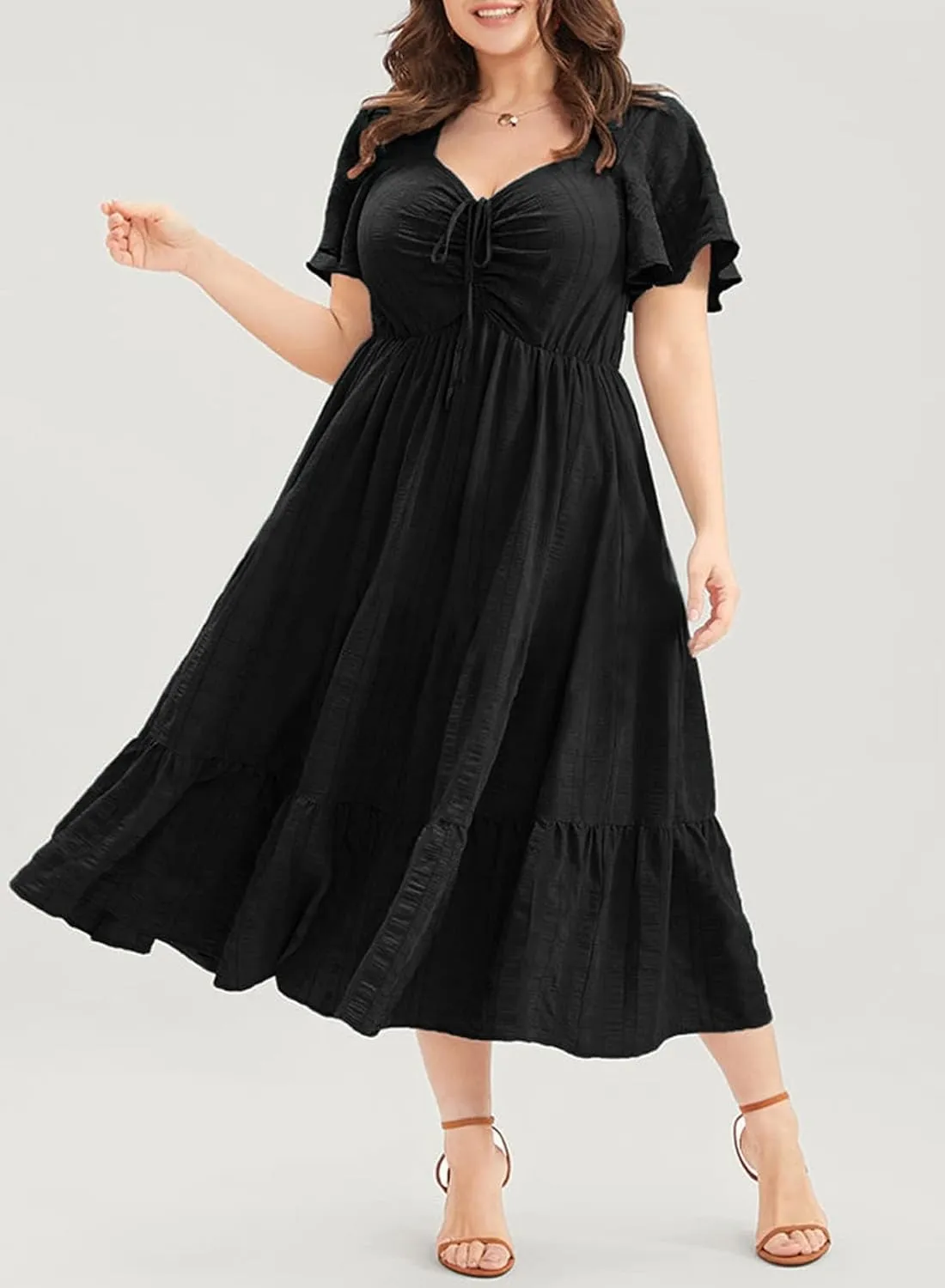 Eytino Womens Plus Size Summer Dress Short Sleeve Sweetheart Neck Ruffle Tiered Maxi Long Dresses(1X-5X)