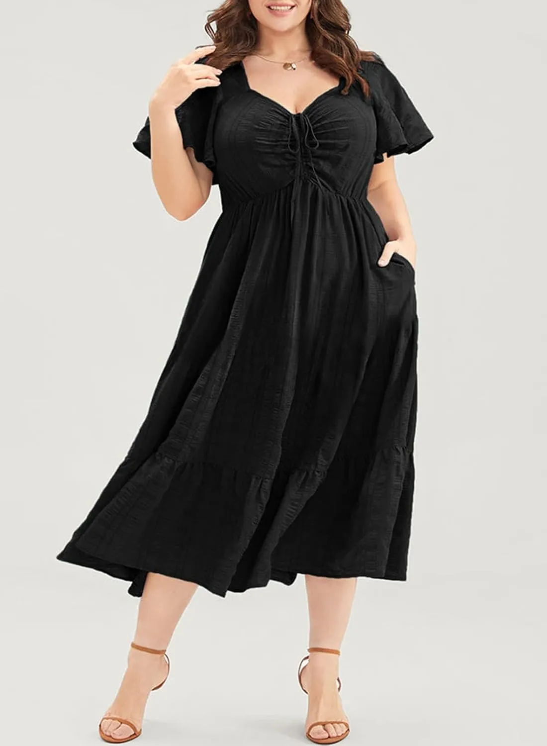 Eytino Womens Plus Size Summer Dress Short Sleeve Sweetheart Neck Ruffle Tiered Maxi Long Dresses(1X-5X)