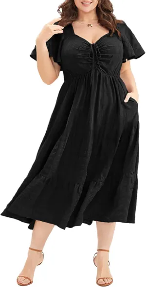 Eytino Womens Plus Size Summer Dress Short Sleeve Sweetheart Neck Ruffle Tiered Maxi Long Dresses(1X-5X)