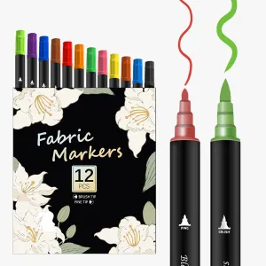 Fabric Markers 12 Colors - Dual Tip Fabric Markers Permanent for Clothes - Textile Dye, Paint Pens for Personalizing, Bags, Canvas,Hats Shirts and Textiles