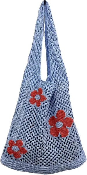 Fairycore Tote Bag Crochet Hobo Bag Y2K Aesthetic Flower Shoulder Bag Fairy Grunge Hollow Out Alt Purse Accessories