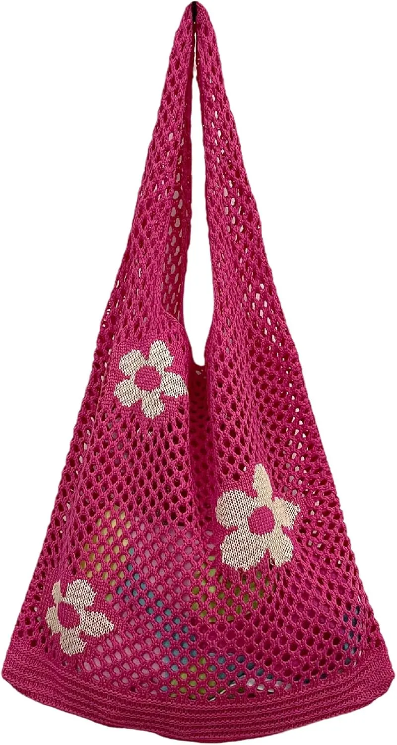 Fairycore Tote Bag Crochet Hobo Bag Y2K Aesthetic Flower Shoulder Bag Fairy Grunge Hollow Out Alt Purse Accessories