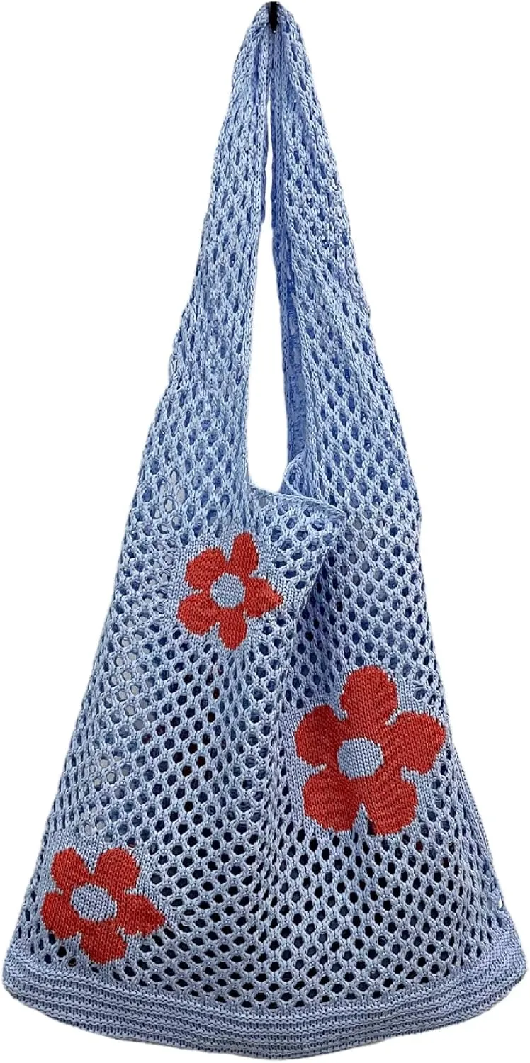 Fairycore Tote Bag Crochet Hobo Bag Y2K Aesthetic Flower Shoulder Bag Fairy Grunge Hollow Out Alt Purse Accessories