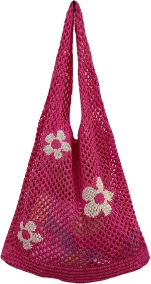 Fairycore Tote Bag Crochet Hobo Bag Y2K Aesthetic Flower Shoulder Bag Fairy Grunge Hollow Out Alt Purse Accessories