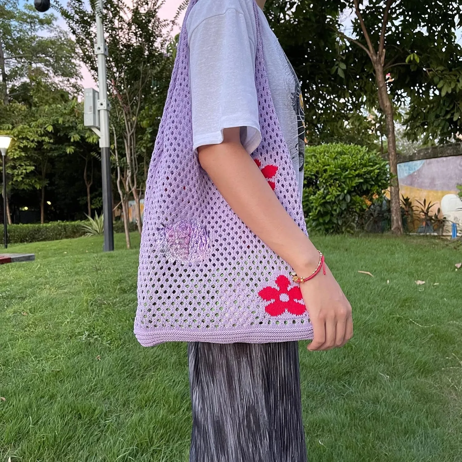 Fairycore Tote Bag Crochet Hobo Bag Y2K Aesthetic Flower Shoulder Bag Fairy Grunge Hollow Out Alt Purse Accessories