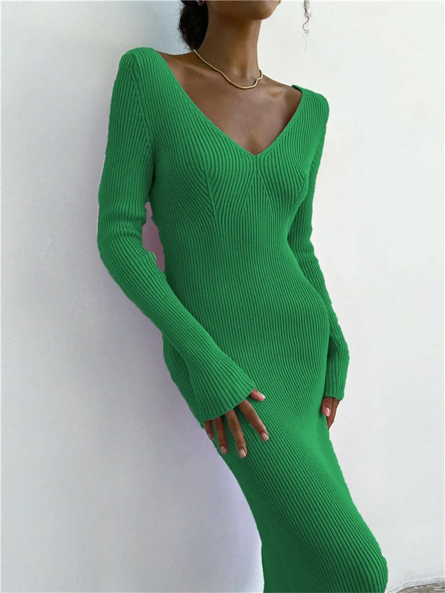Fall Winter Knit Rib Wrap Midi Pencil Dress for Women Casual Simple Style Long Sleeve V-Neck Backless Bodycon Dress