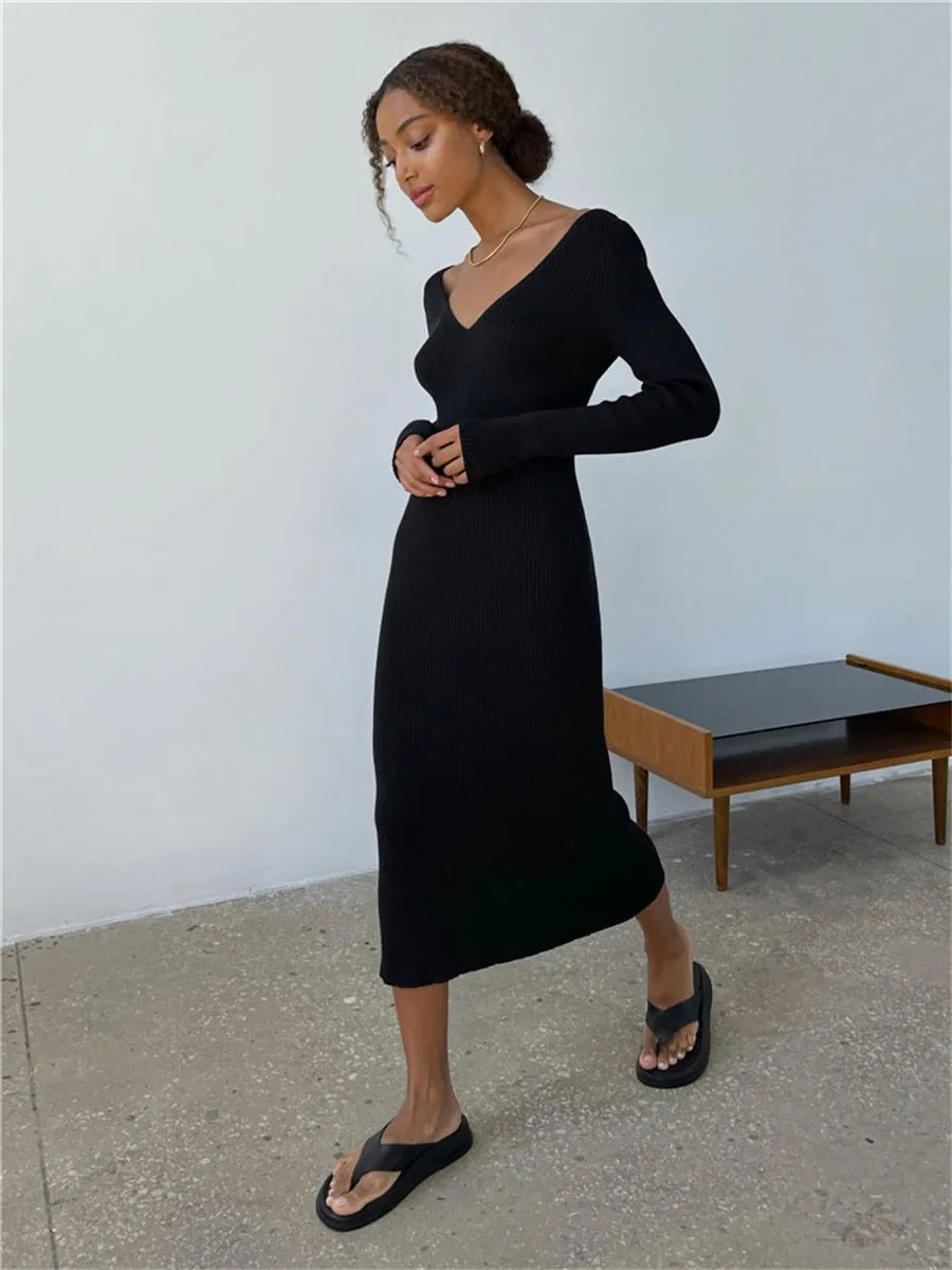 Fall Winter Knit Rib Wrap Midi Pencil Dress for Women Casual Simple Style Long Sleeve V-Neck Backless Bodycon Dress