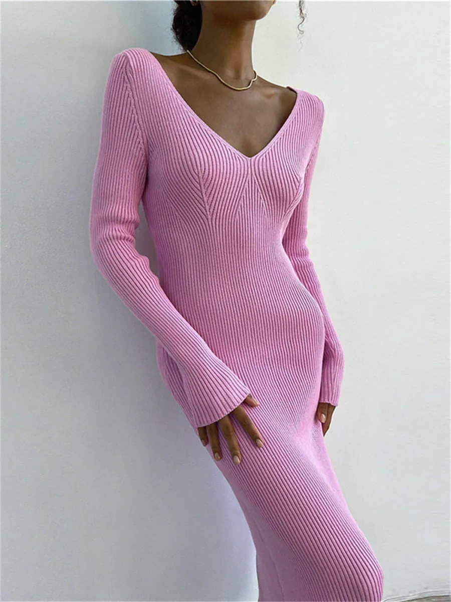 Fall Winter Knit Rib Wrap Midi Pencil Dress for Women Casual Simple Style Long Sleeve V-Neck Backless Bodycon Dress