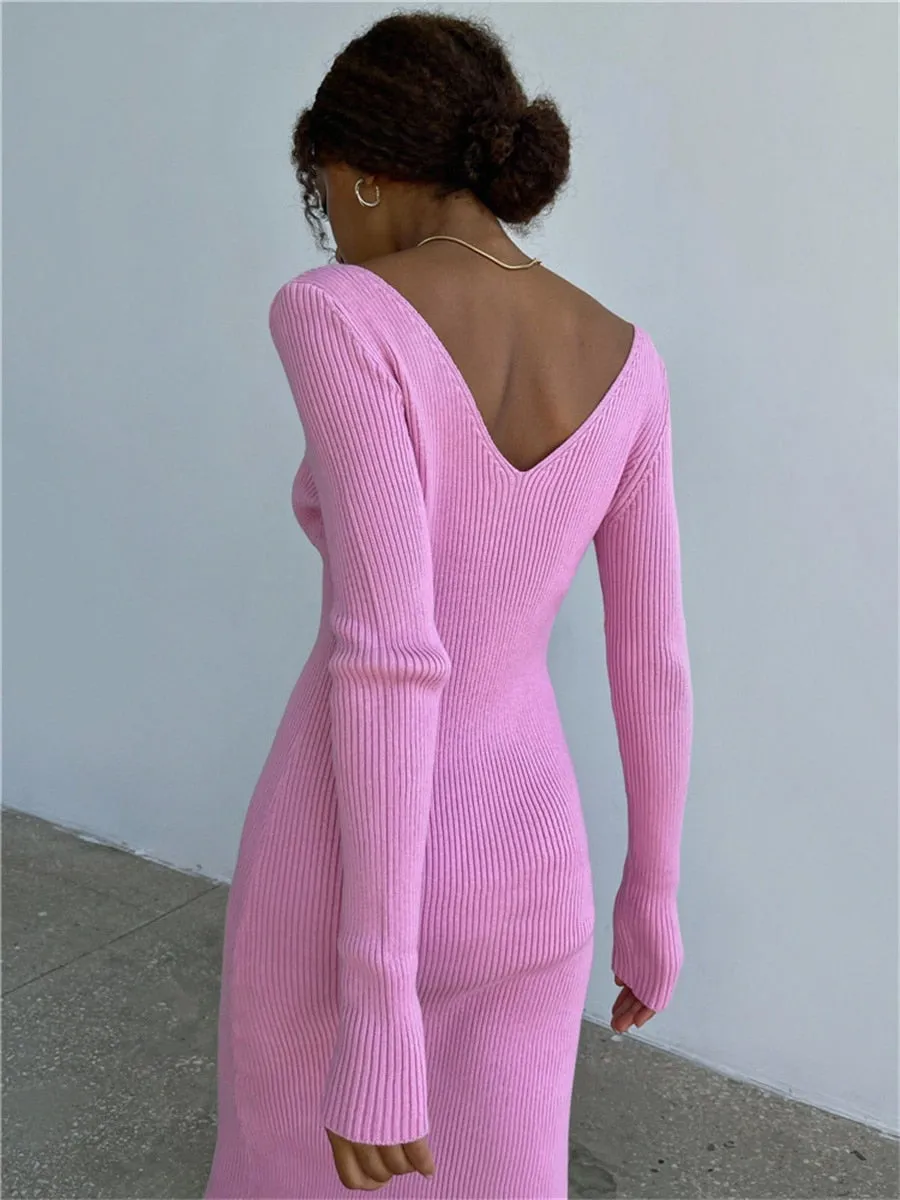Fall Winter Knit Rib Wrap Midi Pencil Dress for Women Casual Simple Style Long Sleeve V-Neck Backless Bodycon Dress