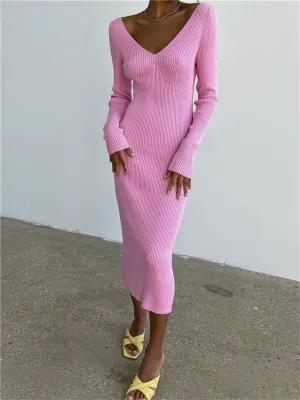 Fall Winter Knit Rib Wrap Midi Pencil Dress for Women Casual Simple Style Long Sleeve V-Neck Backless Bodycon Dress