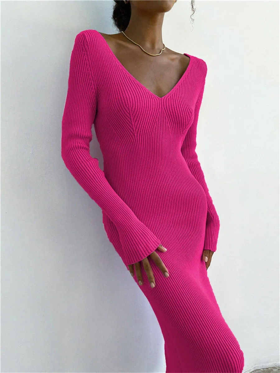 Fall Winter Knit Rib Wrap Midi Pencil Dress for Women Casual Simple Style Long Sleeve V-Neck Backless Bodycon Dress