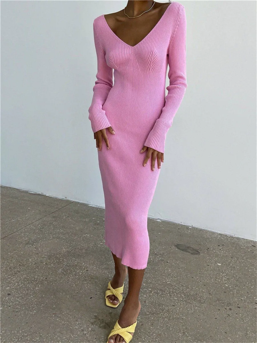Fall Winter Knit Rib Wrap Midi Pencil Dress for Women Casual Simple Style Long Sleeve V-Neck Backless Bodycon Dress
