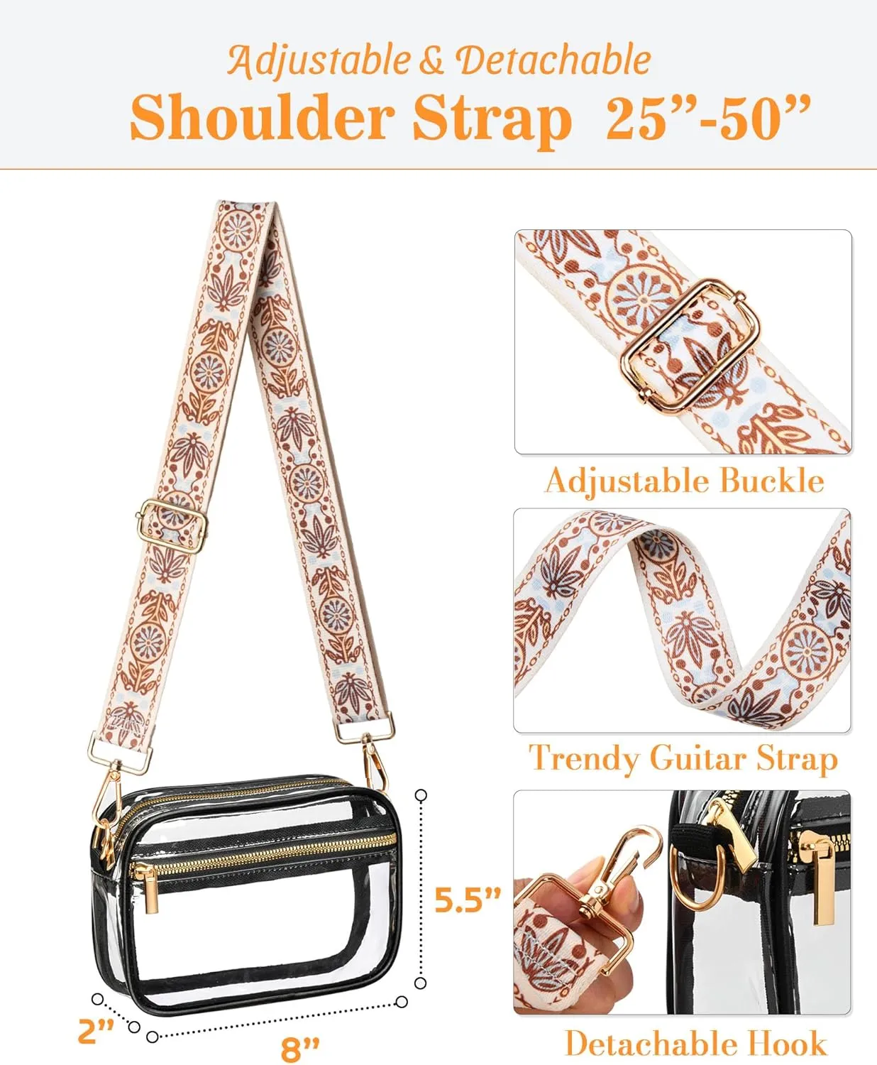 FANGSUN Clear Crossbody Bag Stadium Approved, Clear Purse for Women, Transparent Shoulder Messenger Handbag for Concert Sport