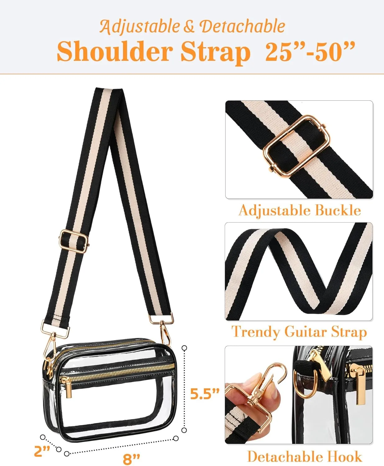 FANGSUN Clear Crossbody Bag Stadium Approved, Clear Purse for Women, Transparent Shoulder Messenger Handbag for Concert Sport