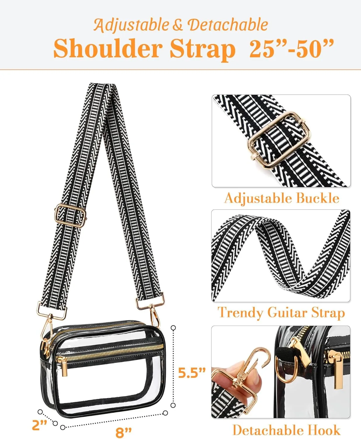 FANGSUN Clear Crossbody Bag Stadium Approved, Clear Purse for Women, Transparent Shoulder Messenger Handbag for Concert Sport