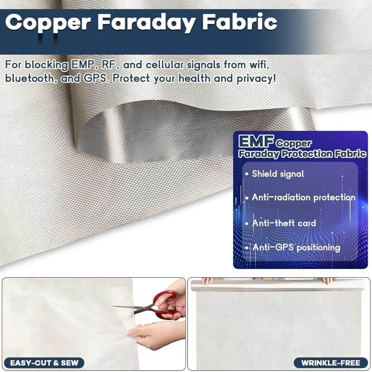 Faraday Fabric Military Grade Conductive WiFi Blocking Fabric RF Blocking Nickel Copper Material Anti Radiation EMP RFID EMF Shielding Block,gold-3x1.1m