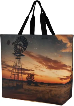 Farmhouse Sunset Windmill Ferris Wheel Night Landscape Milky Shoulder Bag Large Capacity Shopping Bag Washable Grocery Bag Handbag for Women Men