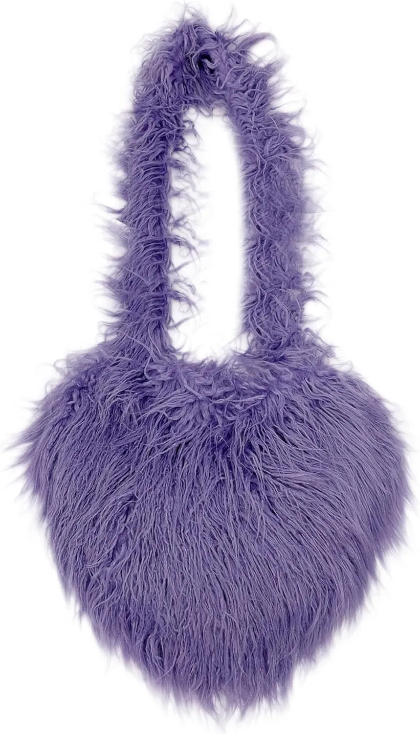 Faux Fur Shoulder Bags for Women Large Cute Fuzzy Purse Girls Heart Shaped Plush Bag Y2K Fluffy Top-handle Handbag Tote