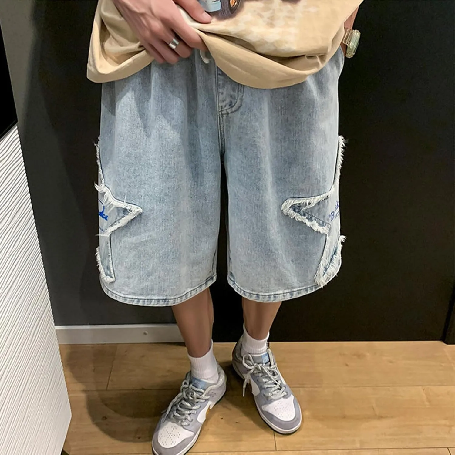 FCOOLYEET Men's Y2k Baggy Jorts Grunge Denim Shorts Hip Hop Star Shorts Jorts Patchwork Jeans Shorts Streetwear