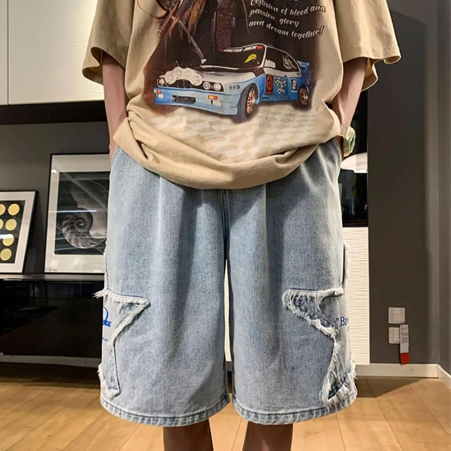 FCOOLYEET Men's Y2k Baggy Jorts Grunge Denim Shorts Hip Hop Star Shorts Jorts Patchwork Jeans Shorts Streetwear