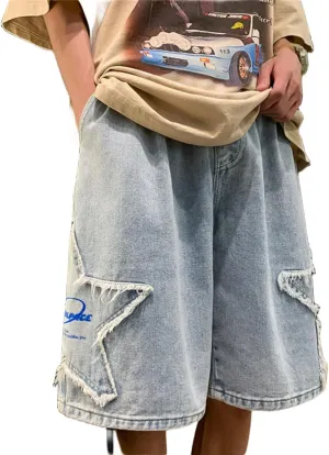 FCOOLYEET Men's Y2k Baggy Jorts Grunge Denim Shorts Hip Hop Star Shorts Jorts Patchwork Jeans Shorts Streetwear