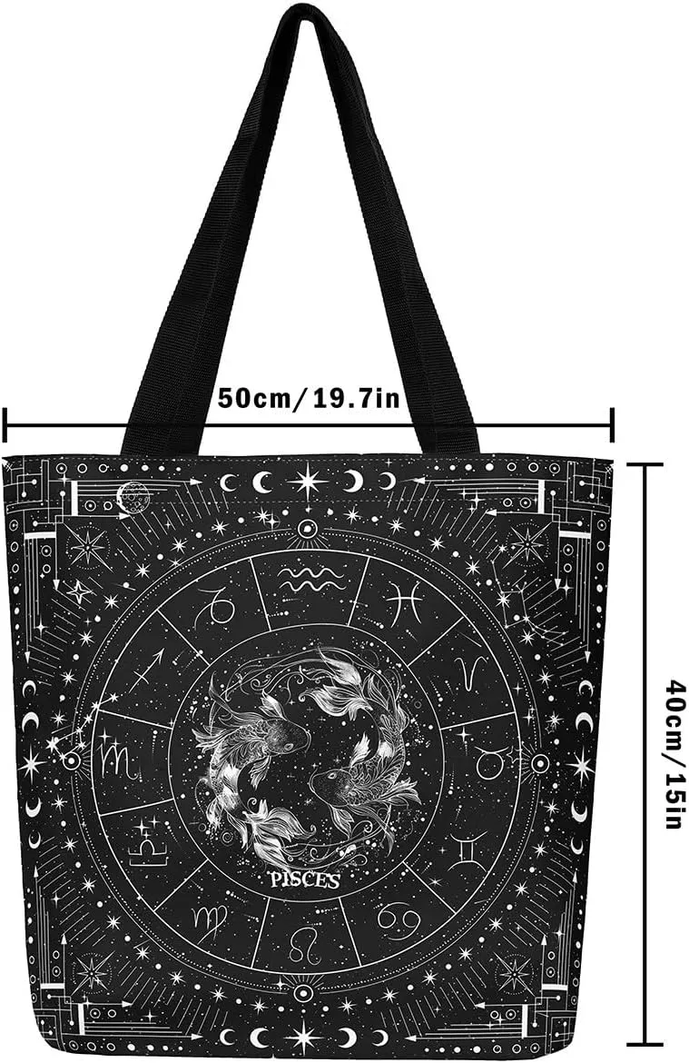 Feelyou Zodiac Canvas Tote Bags ARIES Large Capacity Shoulder Handbags Moon Star Travel Beach Bag