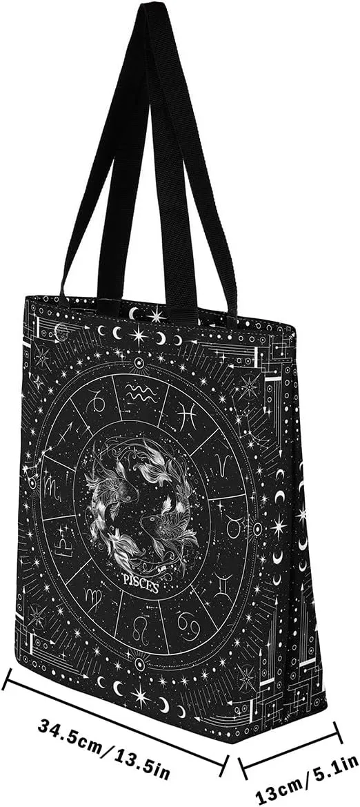 Feelyou Zodiac Canvas Tote Bags ARIES Large Capacity Shoulder Handbags Moon Star Travel Beach Bag