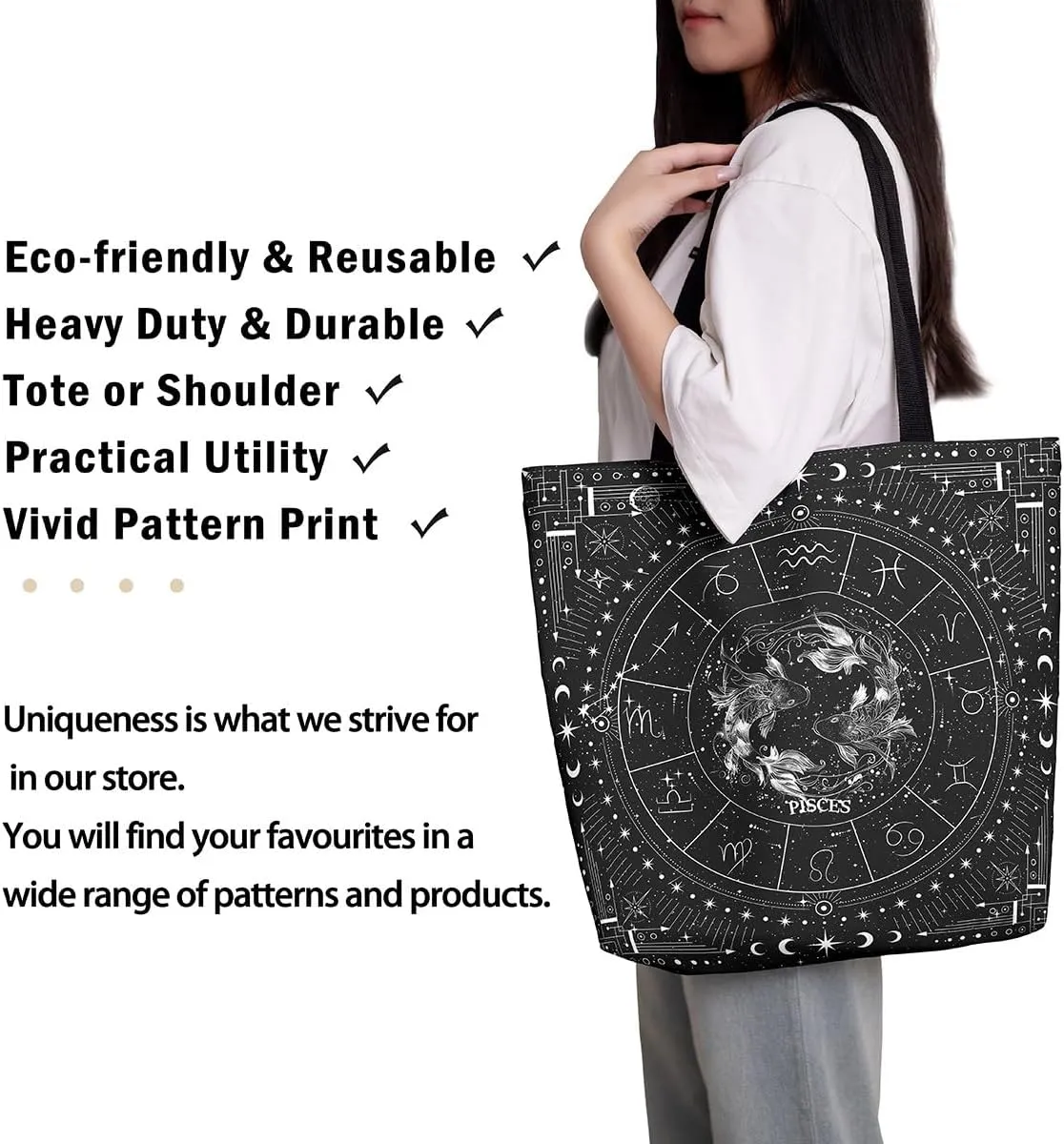 Feelyou Zodiac Canvas Tote Bags ARIES Large Capacity Shoulder Handbags Moon Star Travel Beach Bag