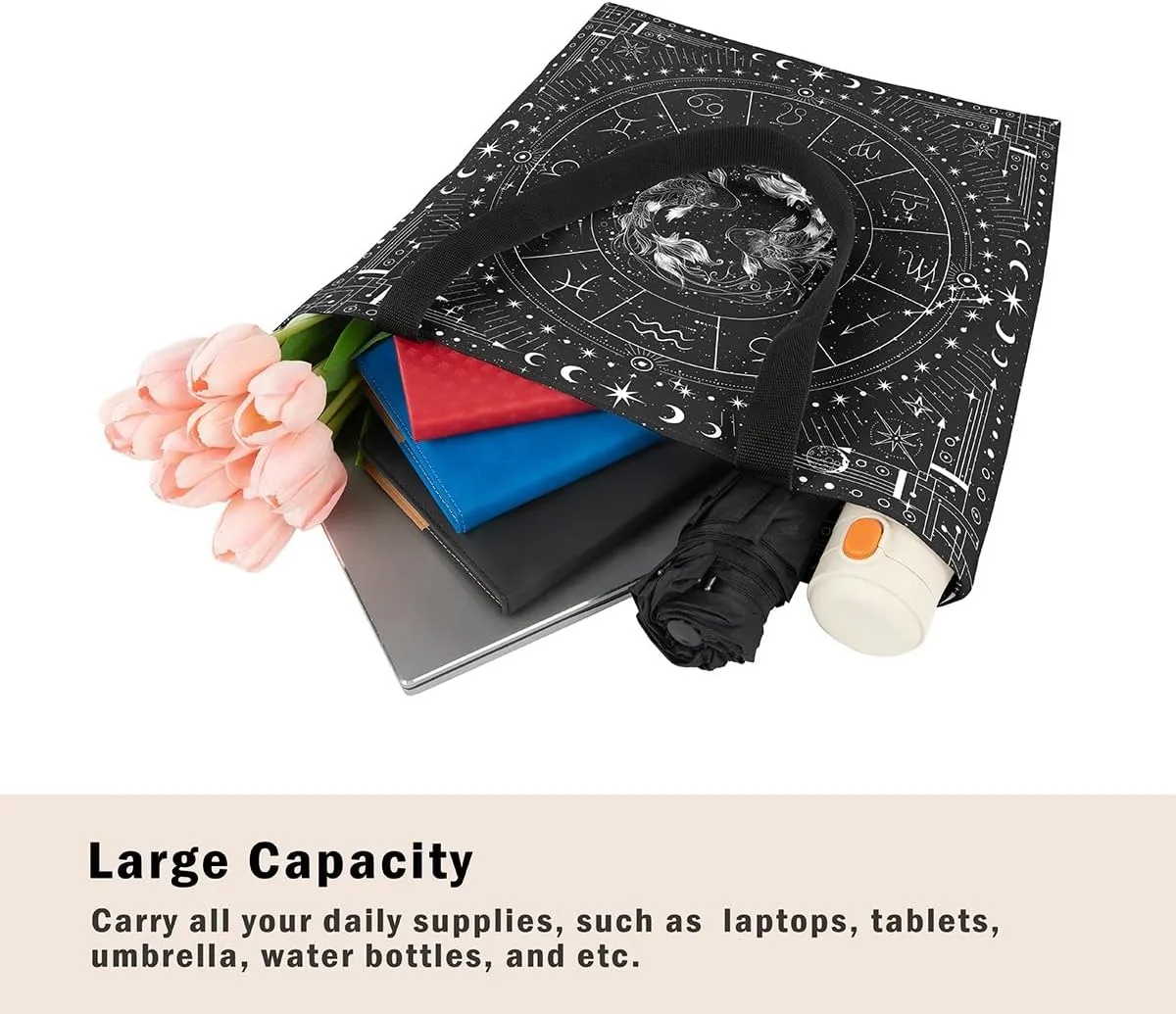 Feelyou Zodiac Canvas Tote Bags ARIES Large Capacity Shoulder Handbags Moon Star Travel Beach Bag