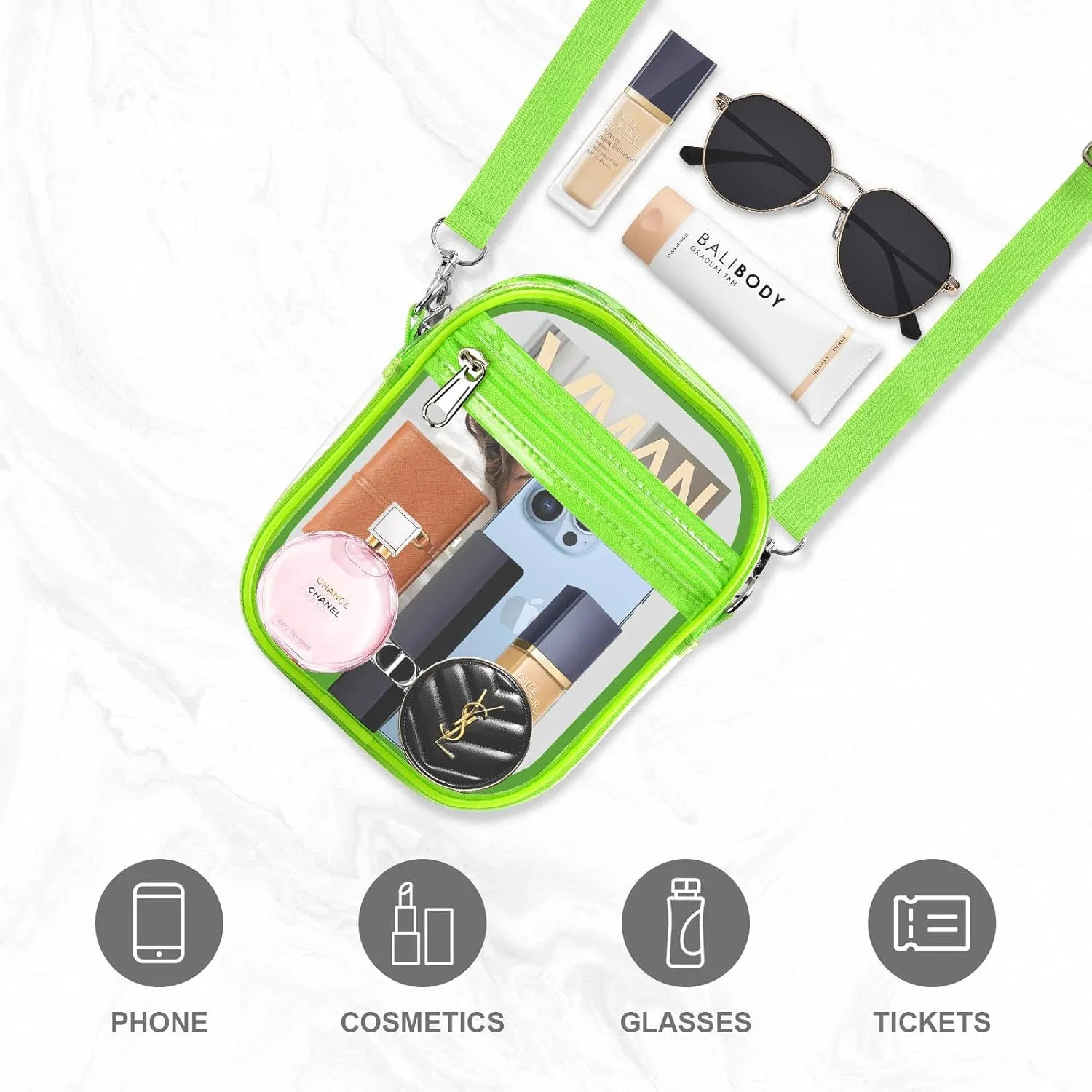 Fibrdoo Clear Crossbody Purse Bag, Clear Bag Stadium Approved with Front Pocket for Concerts Sports Festivals