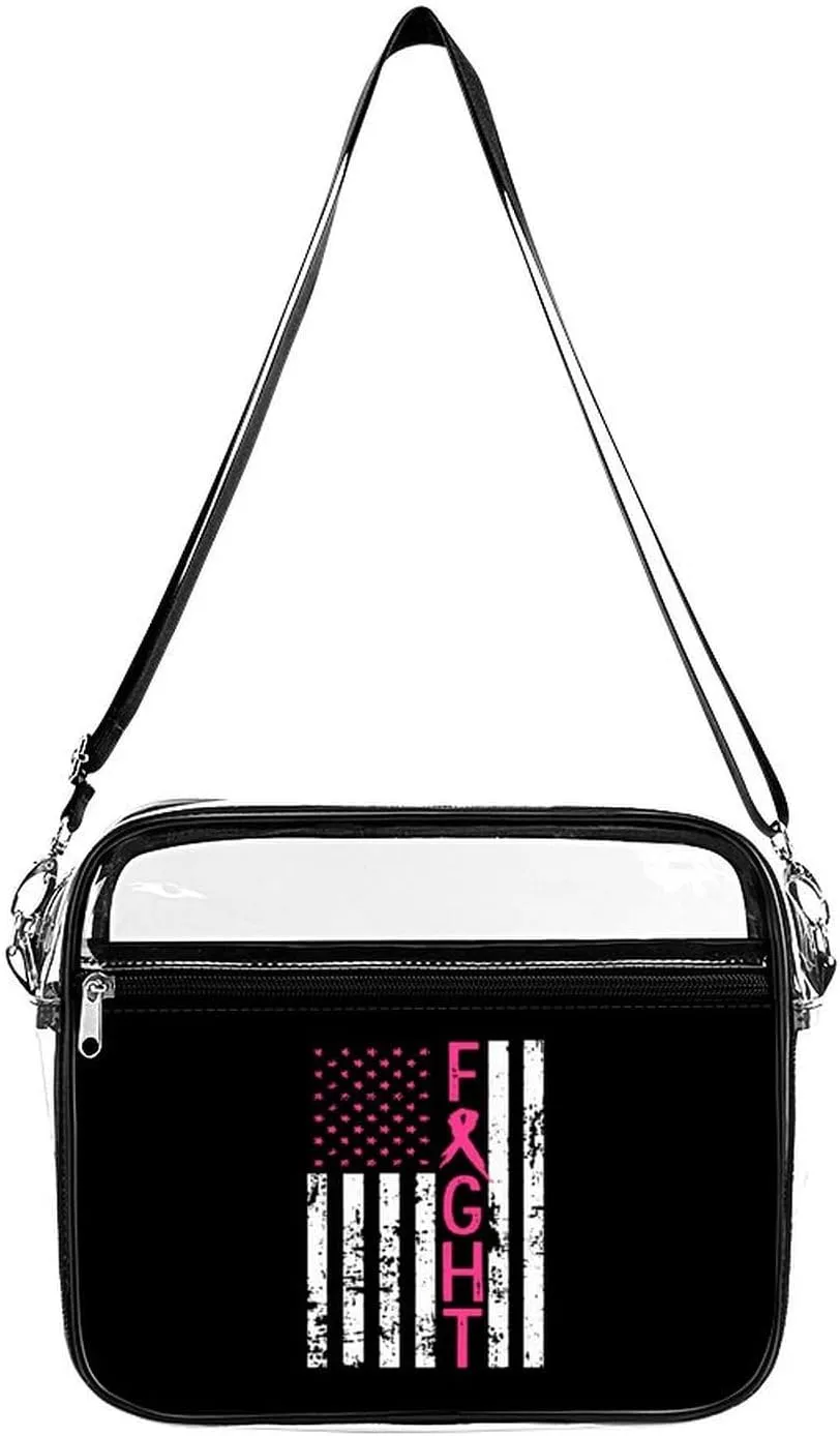 Fight Breast Cancer Flag Clear Stadium Bag Clear Messenger Bag Shoulder Bag with 2 Compartments Clear Crossbody Bag