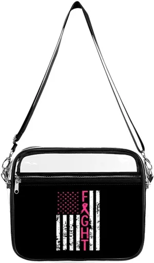 Fight Breast Cancer Flag Clear Stadium Bag Clear Messenger Bag Shoulder Bag with 2 Compartments Clear Crossbody Bag