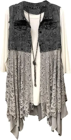FindThy Women’s Denim Vest Sleeveless Ripped Draped Patchwork Cardigan Jean Vest with Irregular Lace Extender Hem